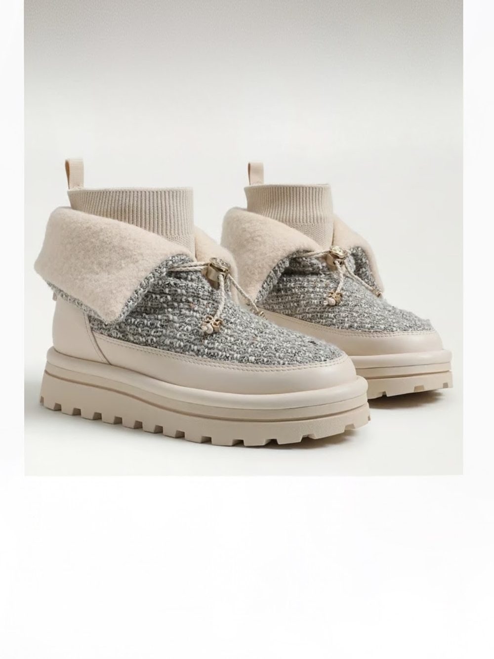 Sam Edelman Beige and Gray Knit-Trim Lace-Up Platform Ankle Boots